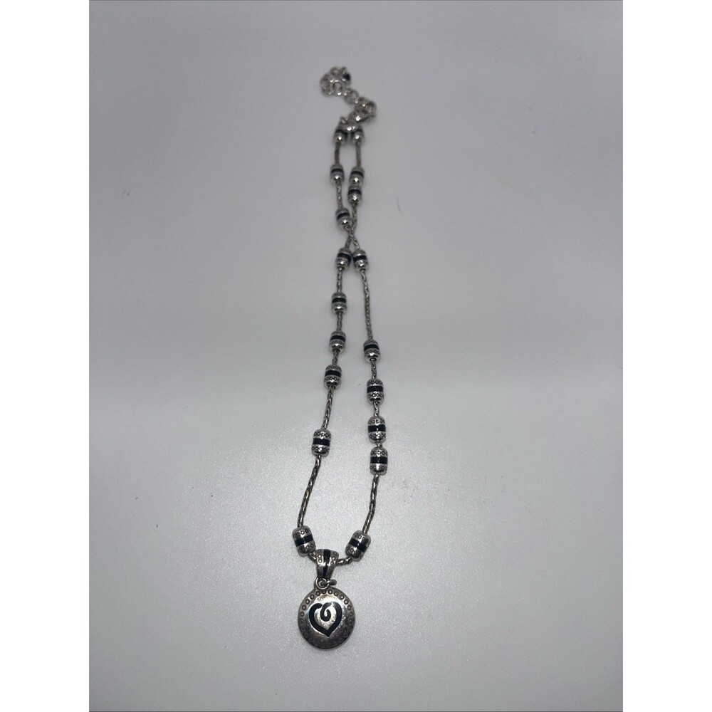 Brighton Chain Necklace Disk Shaped Pendant w/Black Enamel Heart Silver Plated